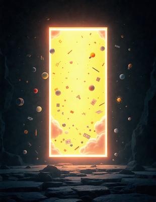 The primary subject of the image is a large, colorful, and abstract doorway. The doorway is adorned with various shapes, including stars, planets, and other celestial elements. The setting is a dark, cave-like environment, which adds a sense of mystery and intrigue to the scene. The visual style of the image is a combination of digital art and illustration, creating a unique and captivating design. The dominant colors in the image are yellow, orange, and various shades of blue, which